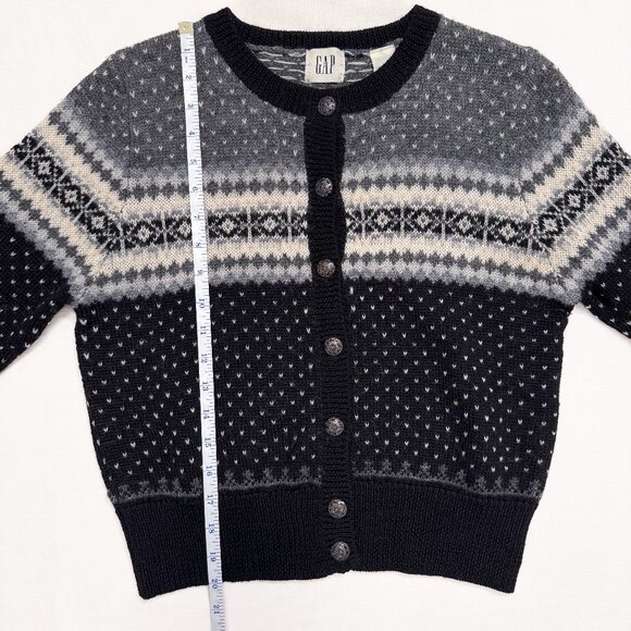 Vintage 90s GAP 100% Wool Black Fair Isle Nordic Cardigan Sweater Size Medium - Picture 9 of 10